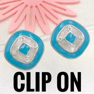Aqua Blue Square Rhinestone Silver Clip On Earrings